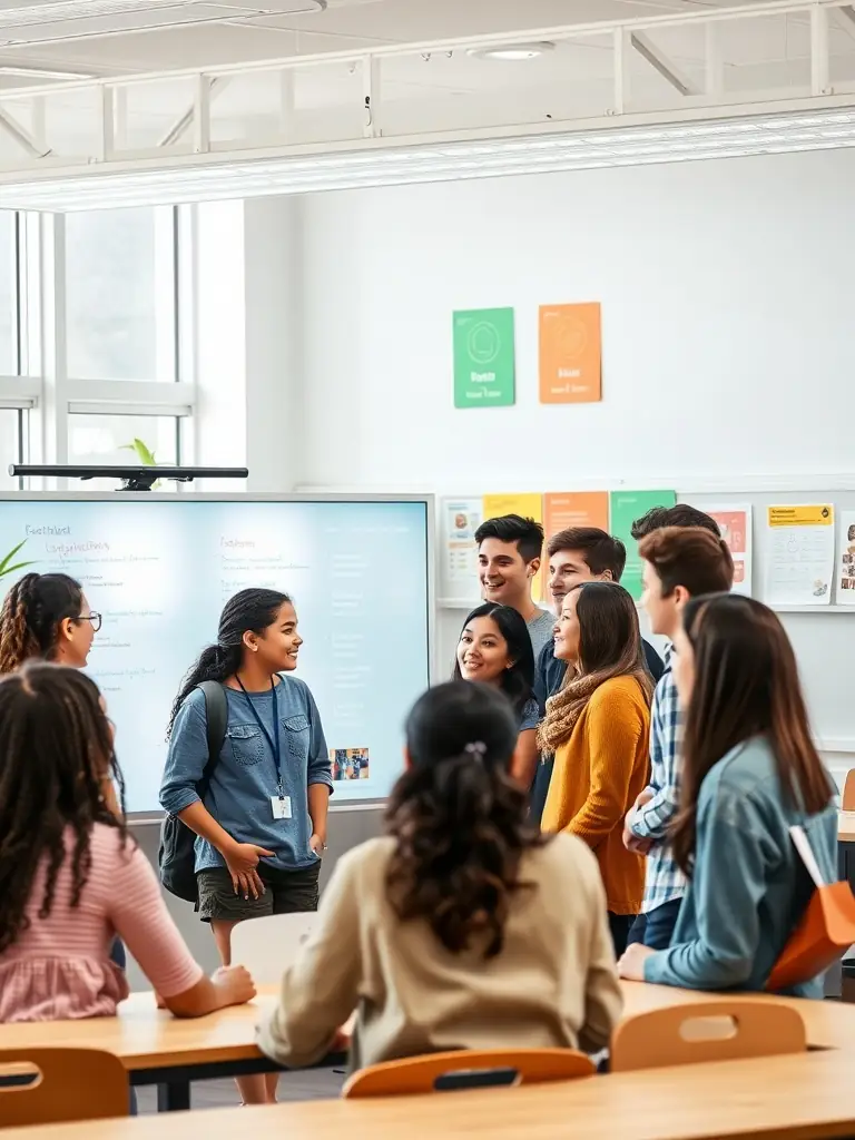 A diverse group of students collaboratively working on a digital project, showcasing teamwork and innovative problem-solving skills in a modern classroom setting, emphasizing the program's focus on digital citizenship.