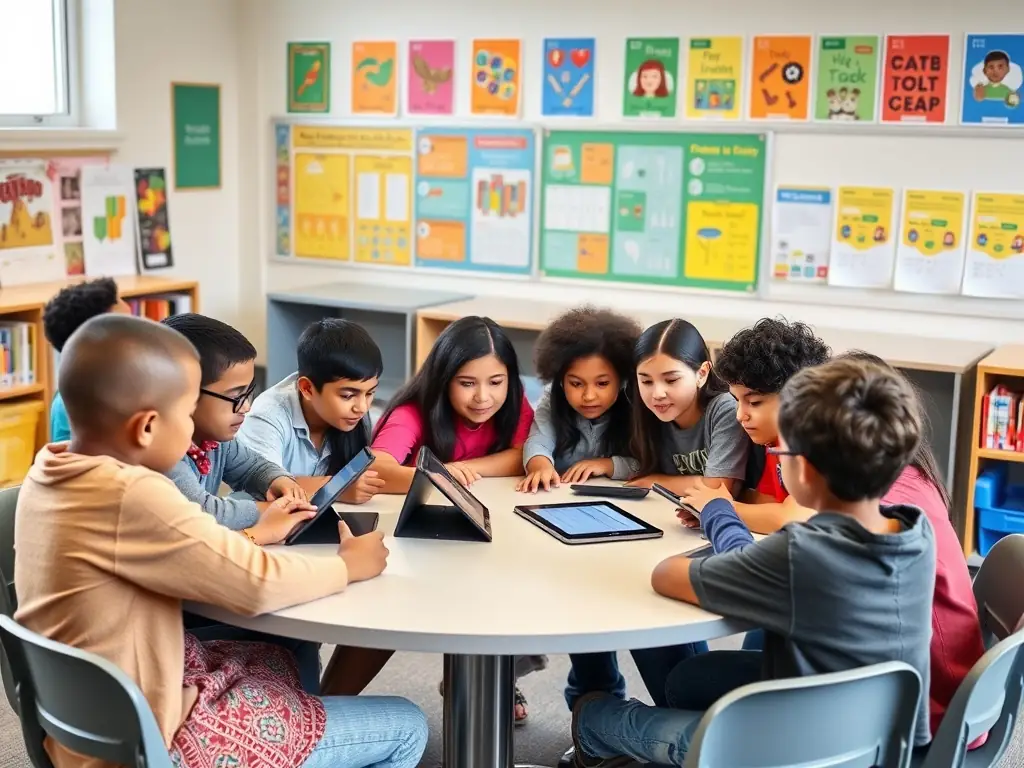 A diverse group of students actively participating in a Digital Ethics School workshop, using tablets and discussing ethical dilemmas related to AI, set against a backdrop of modern classroom technology.