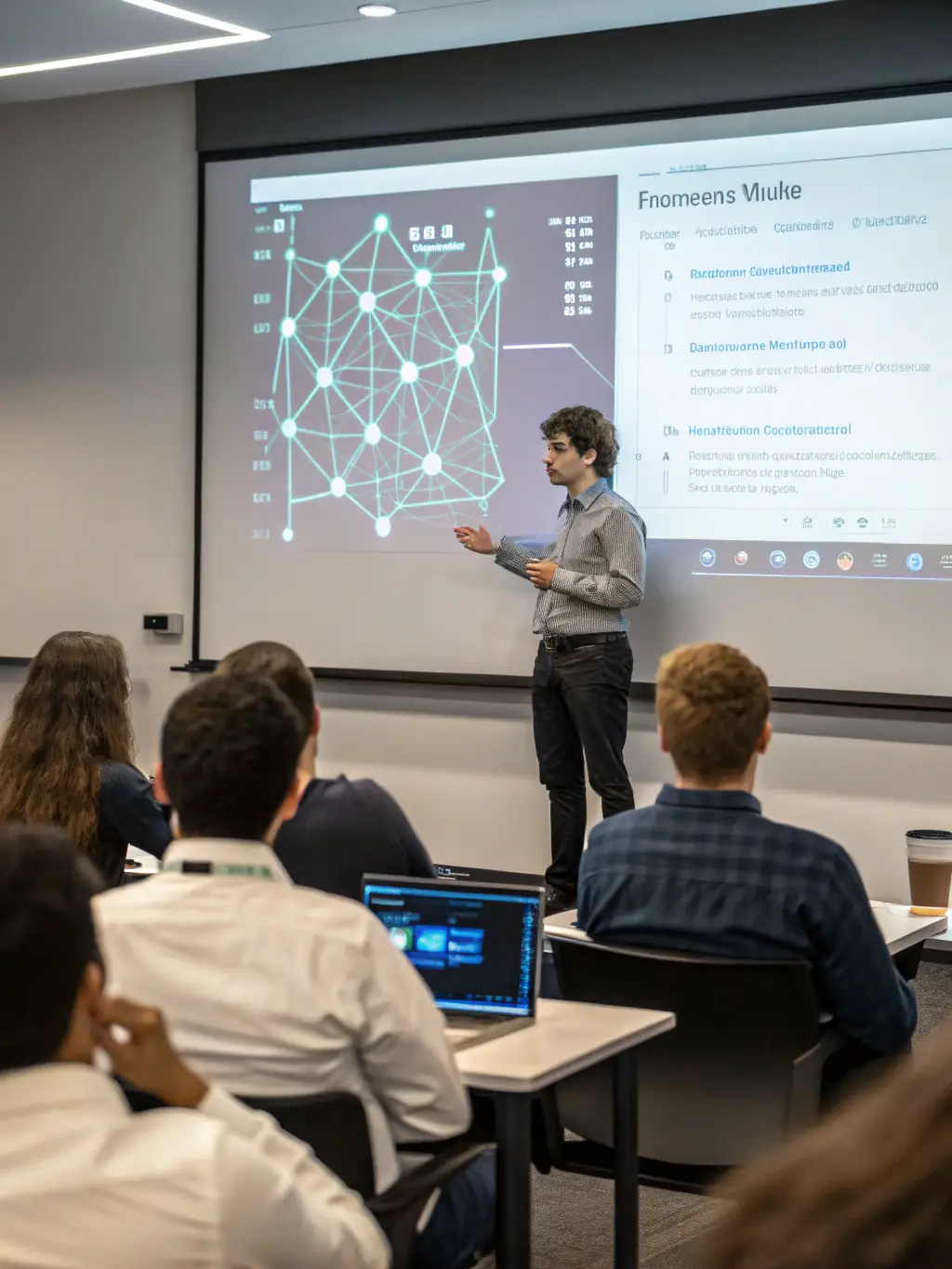 A student presenting a project on ethical AI development at a school event, with parents and teachers in the audience, showcasing the program's impact on student learning and engagement.