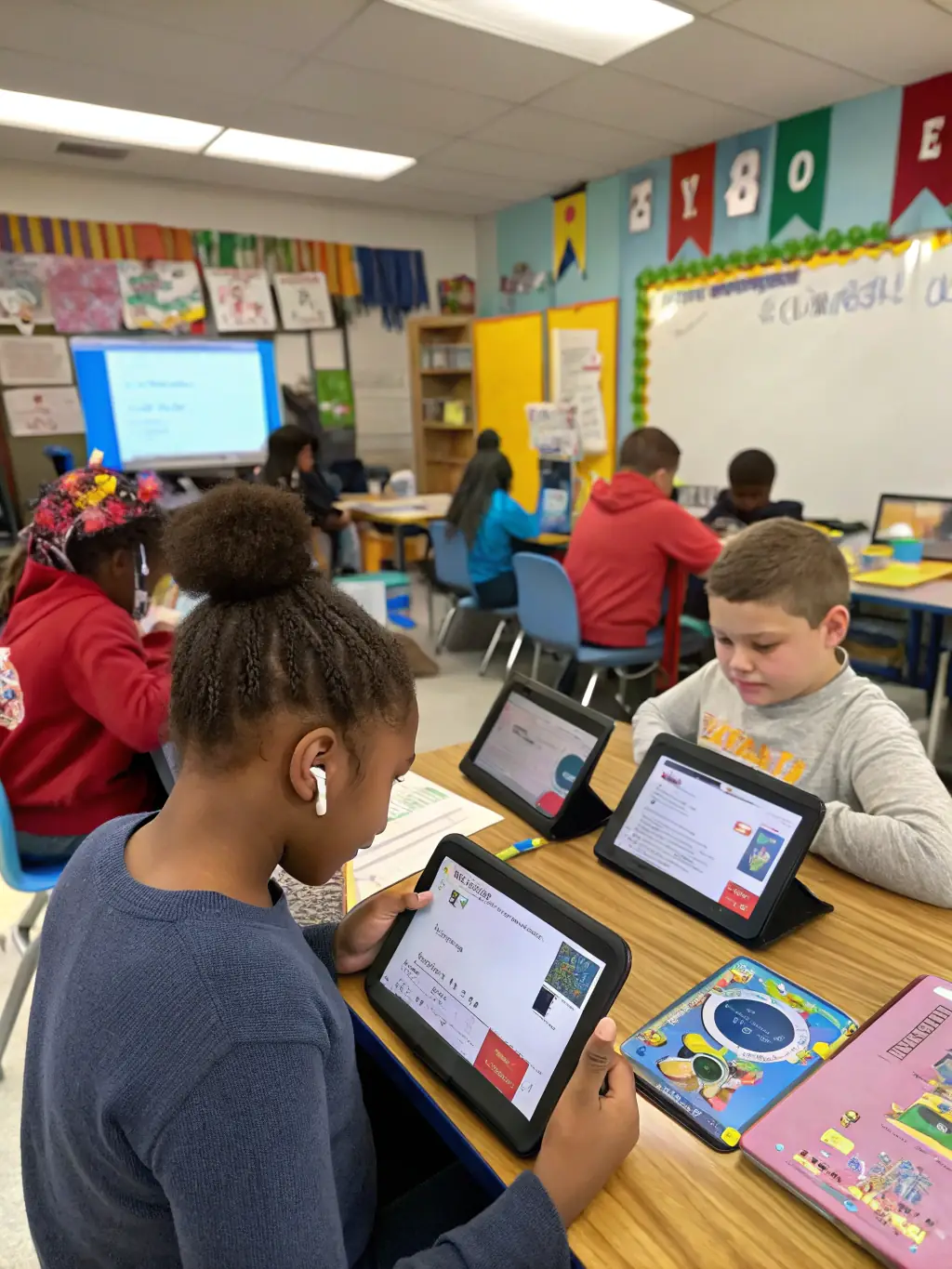 A teacher guiding students through an interactive lesson on AI ethics, using tablets and engaging visual aids, highlighting the program's commitment to accessible and engaging education.