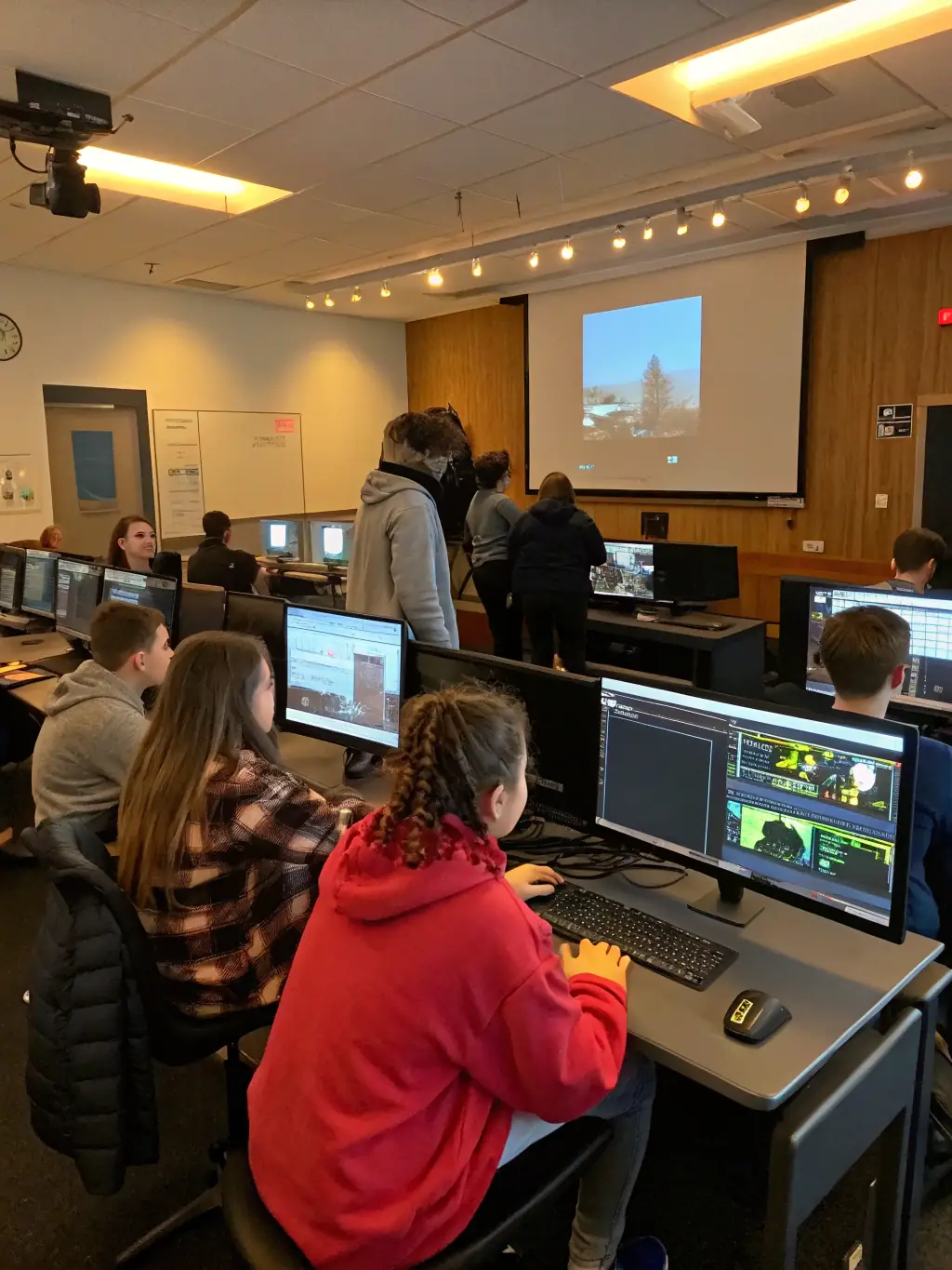 A classroom setting with students actively participating in a discussion about the ethical implications of AI, led by a teacher. The scene should convey engagement and critical thinking.